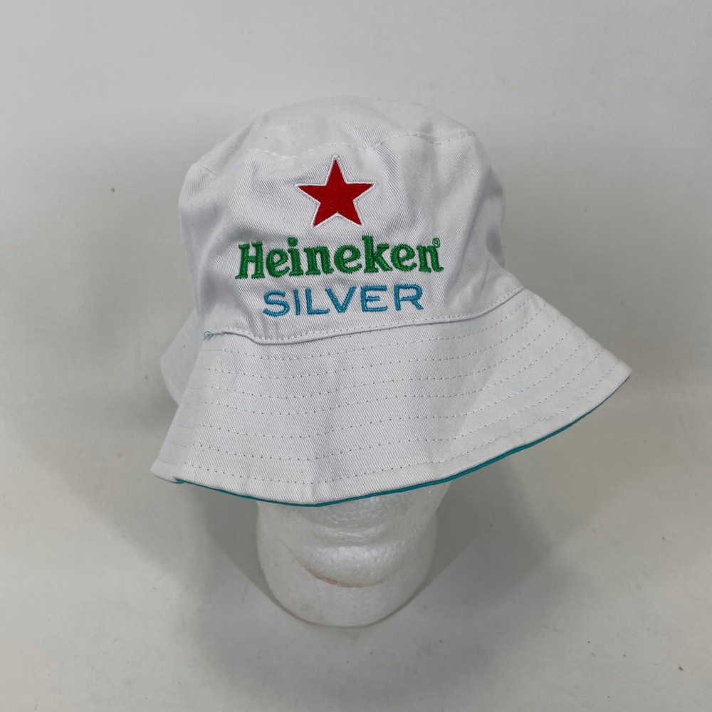 Heineken Silver Reversible Bucket Hat White Teal Embroidered Logo Beer Merch